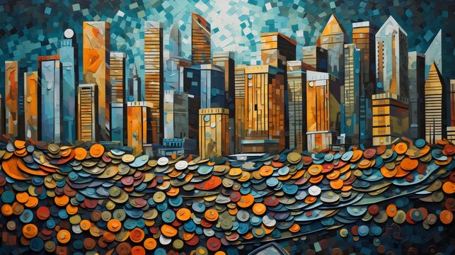 Abstract Cityscape Painting with Textured Waves