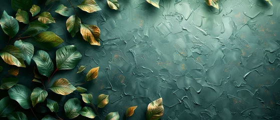 Gardinen An abstract artistic background, retro, nostalgic, with golden brushstrokes. The background is textured. It is oil on canvas. Modern Art. Floral leaves, green, gray, wallpaper, poster, card, mural, © Zaleman