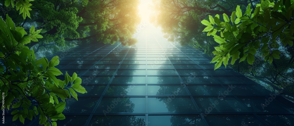 Poster Modern eco-friendly building with green leaves and green tree branches. Using glass to reduce heat and carbon dioxide.