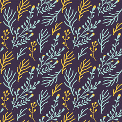 Seamless repeat pattern with flowers in dark blue background.
