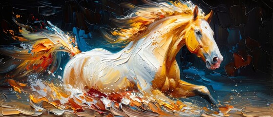 Naklejki  A painting of abstract oil. Art painting, gold, horse, canvas, wall art, modern artwork, paint spots, paint strokes, knife painting, large stroke painting, mural, wall art.