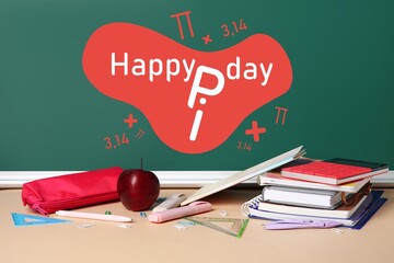 Different stationery and apple on table near blackboard. Pi Day celebration
