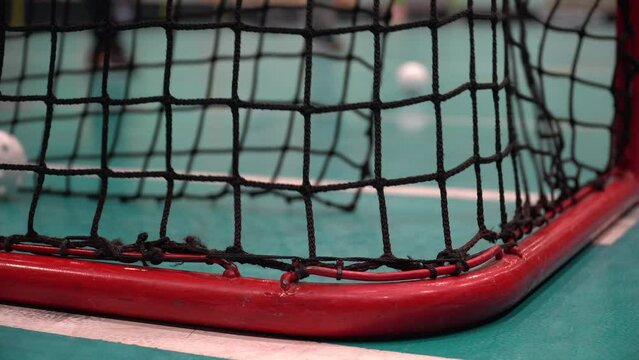 Floorball goals close up, people play floorball