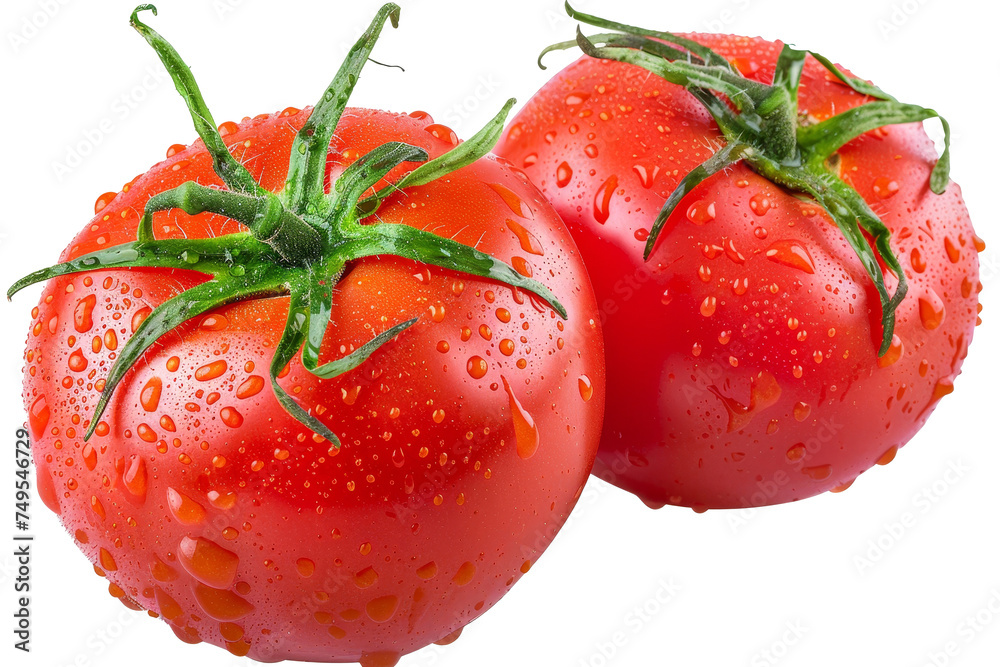 Poster The tomato is isolated on a white background. There are two fresh red tomatoes with clipping paths.