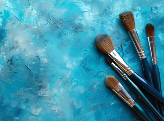 A collection of paint brushes lie on a textured blue surface with abstract brush strokes. Place for an inscription.