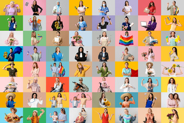 Big collage of beautiful women on color background