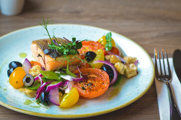 grilled fish salmon with vegetables, color food, healthy, tomatoe, olive, fresh food, serving , restaurant