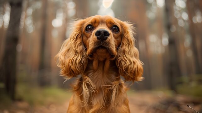 Cocker spaniel with fluffy fur gazes into the camera in forest setting. Concept Pets, Animal Photography, Outdoor Photoshoot, Forest Setting, Cocker Spaniel