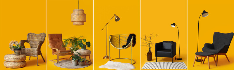 Set of stylish armchairs on yellow background