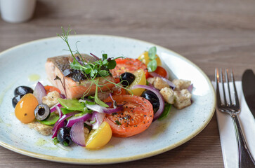 grilled fish salmon with vegetables, color food, healthy, tomatoe, olive, fresh food, serving , restaurant
