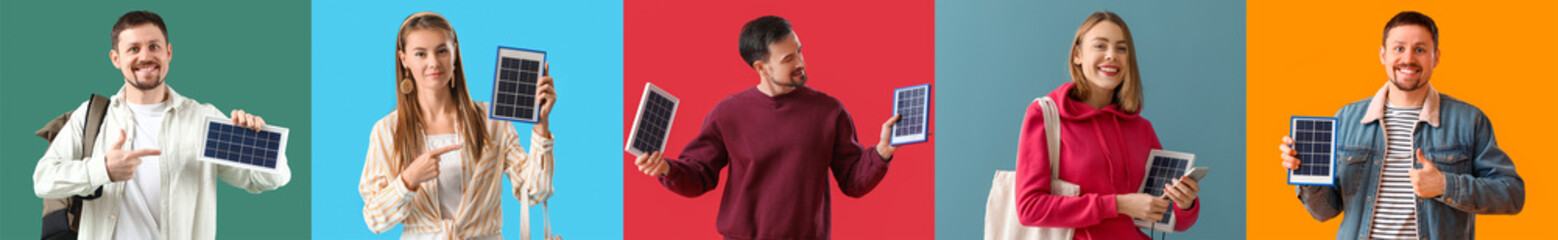 Collage of young people with portable solar panels on color background