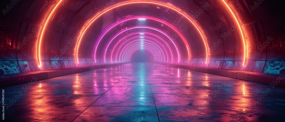 Poster taking a futuristic sci-fi journey through empty space using neon purple and blue glowing light stri