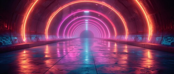 Taking a futuristic sci-fi journey through empty space using neon purple and blue glowing light strips in cyberpunk colors