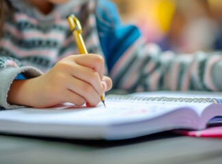 The image shows a close-up of a child's hands writing in a notebook. Schooling.