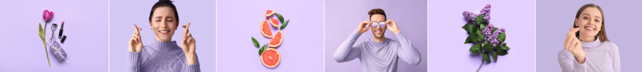 Young woman in sweater snapping fingers on lilac background, closeup