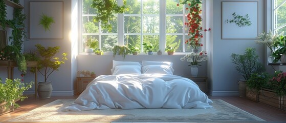 This is a 3D render of a bedroom with a bright interior