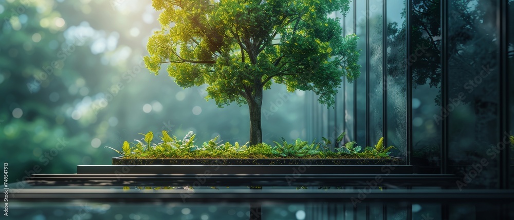 Poster an eco-friendly building with a vertical garden in a modern city. green tree forest on a glass build