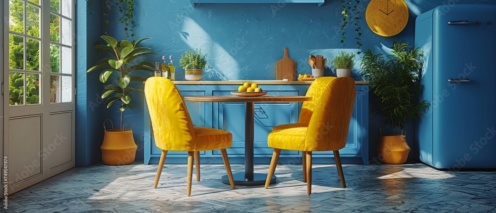 Poster design in the style of minimalism. round dining table with yellow chairs in the kitchen.