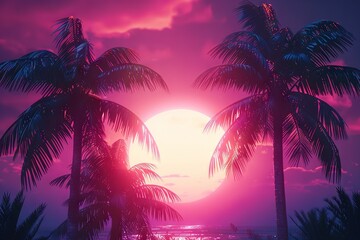 Fototapeta na wymiar Synthwave Sunset with Neon Gradient and Palm Trees