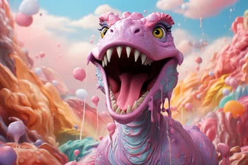 Wandcirkels tuinposter A cheerful pink dinosaur with a wide smile in a whimsical landscape filled with pastel-colored candy elements. © Bavorndej