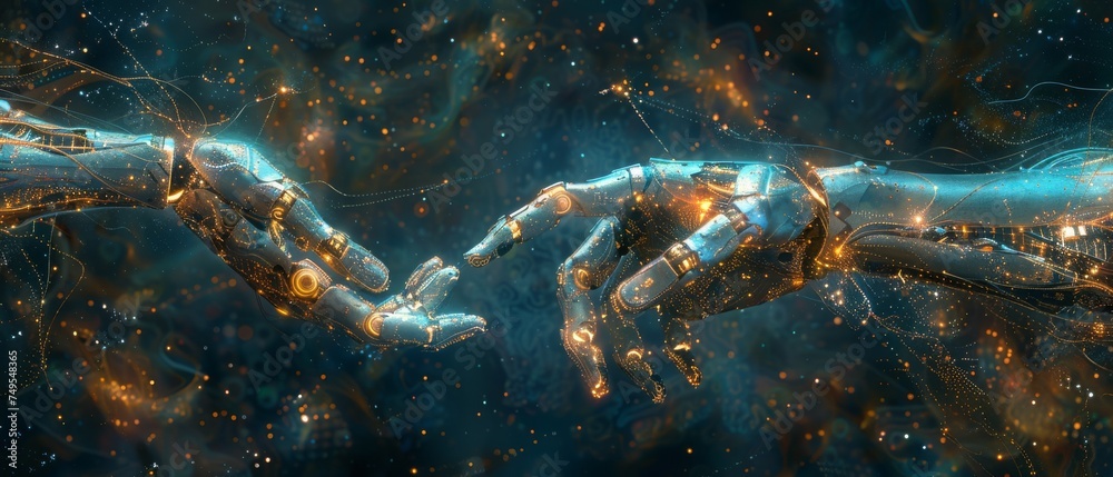 Poster AI, Machine learning, Robotics and humans touching on big data network connections. Science and artificial intelligence technology, innovation, and future.