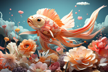 A vibrant fantasy scene featuring a goldfish swimming through the air surrounded by a variety of blooming flowers.
