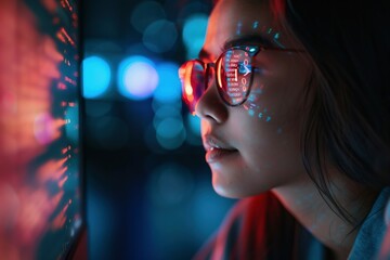 Young woman staring at the computer screen with digital code reflection on the eye glasses. Cyber security, futuristic technology, generative ai