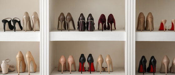 Collection of new female shoes on shelves in shop