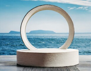 Obraz na płótnie Canvas Abstract round platform podium for cosmetic products. Natural style circle presentation display stand on sea view background. Front view