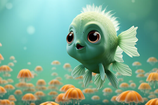 A charming green cartoon fish with big expressive eyes swims curiously among a sea of orange jellyfish in a teal underwater scene.