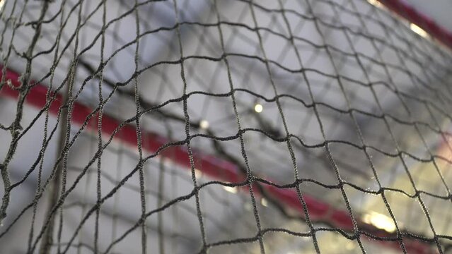 Floorball goal net close up, Handheld shot