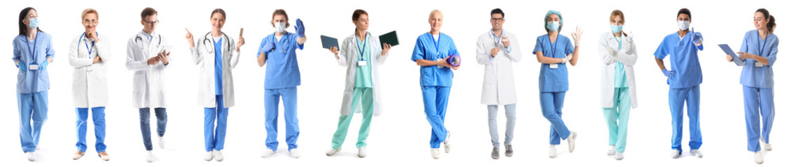 Collage of different doctors on white background