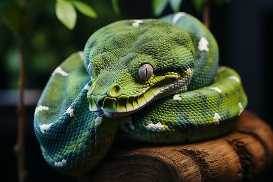 A lithe green tree python draped over the sturdy branch of a towering tree, its emerald scales blending seamlessly with the verdant foliage