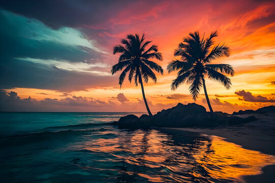 Dark tropical sunset with palm trees on colorful tropical ocean sunset background realistic photography generative ai photo.

