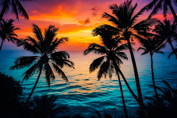 Fototapeta na wymiar Dark tropical sunset with palm trees on colorful tropical ocean sunset background realistic photography generative ai photo.