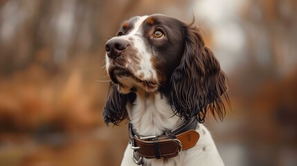 A banner with a hunting springer spaniel wearing a leather collar. Concept Hunting Dogs, Springer Spaniel, Leather Collar, Outdoor Photography, Banner Design