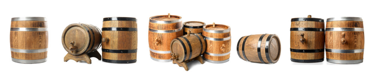 Collage of wooden barrels on white background