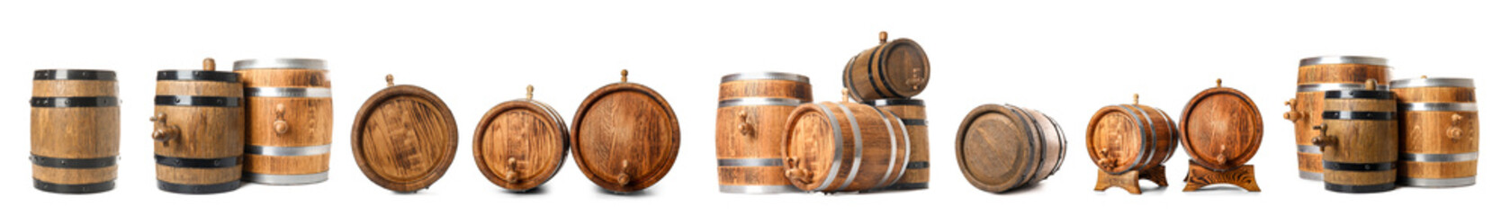Collage of wooden barrels on white background