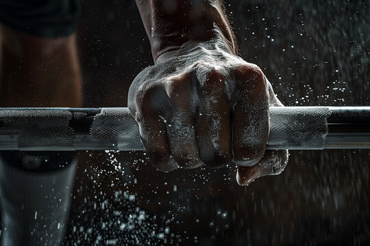 Detailed photo of a weightlifter's hands gripping a barbell, chalk dust visible, focus on strength and preparation, gym background