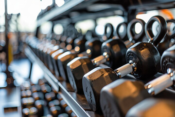 Close-up photo of weightlifting equipment, kettlebells, and dumbbells arranged on a rack in a fitness center, clear focus, gym environment  - obrazy, fototapety, plakaty