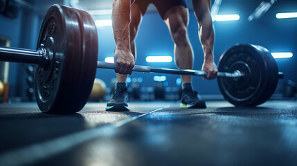Weightlifting session in a gym, barbell on the ground, focus on weights and hands grip, intense workout atmosphere - obrazy, fototapety, plakaty