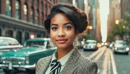  beautiful young woman dressed in 50s retro style with stylish hair stands on the street of old new...
