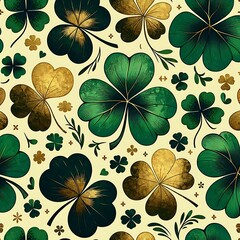 four leaf clovers seamless pattern, St. patrick' s day celebration gold and whether