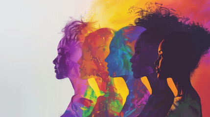 Abstract illustration, Silhouettes of diverse women's profiles, Gradient overlay, Concept of unity and diversity, Feminine strength and beauty