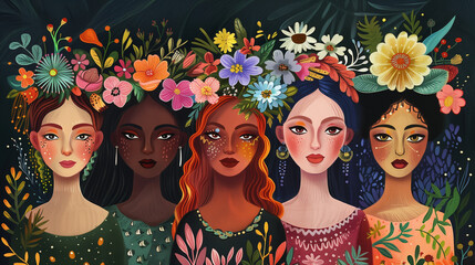 Vibrant illustration, Five women with floral crowns, Artistic portrayal with a whimsical style, Rich color palette, Faces adorned with nature's beauty, Symbolism of femininity and flora