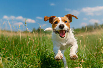 Energetic dog playing fetch in a grassy field, Clear blue sky, Joyful and active, Natural outdoor setting