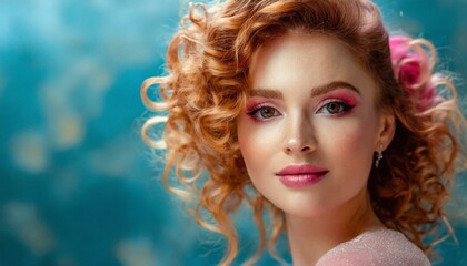 Beautiful beauty or fashion portrait of a woman with makeup with pink curly hair 