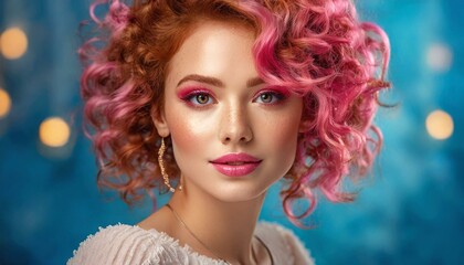 Fototapeta premium Beautiful beauty or fashion portrait of a woman with makeup with pink curly hair 