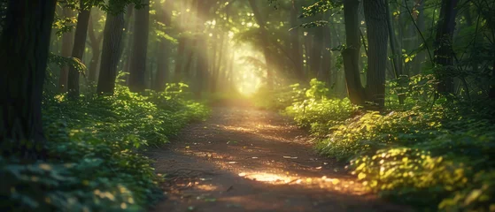 Photo sur Plexiglas Route en forêt A path through a forest with sunlight shining through the trees