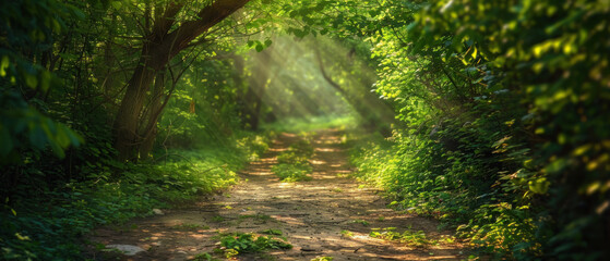 A path through a forest with sunlight shining through the trees